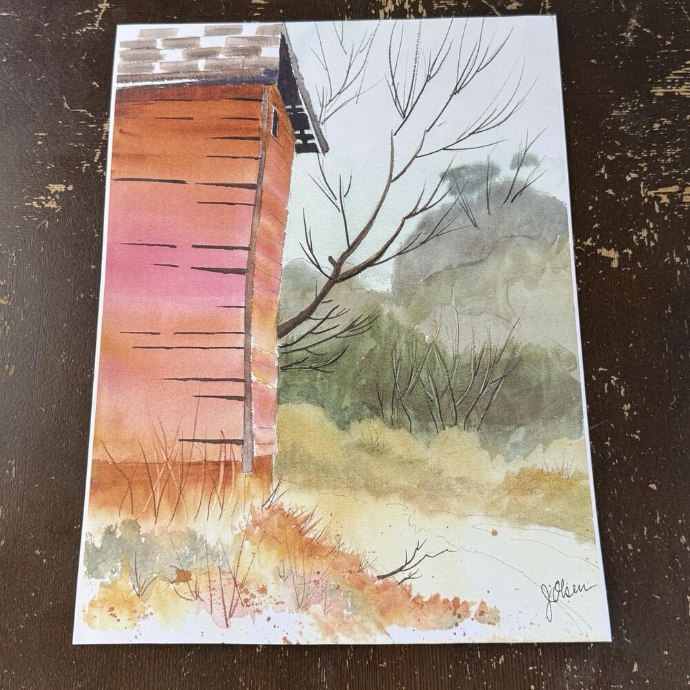 Art Print Of Watercolor 11x15 Barn In The Field Landscape Scene Bare Trees